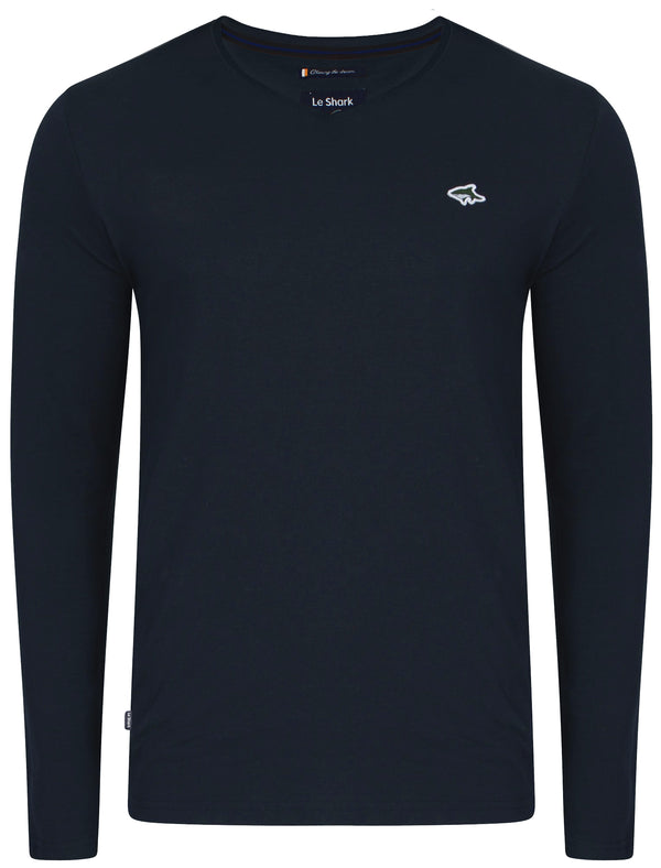 Gilden V Neck Long Sleeve Cotton Top in True Navy - Le Shark