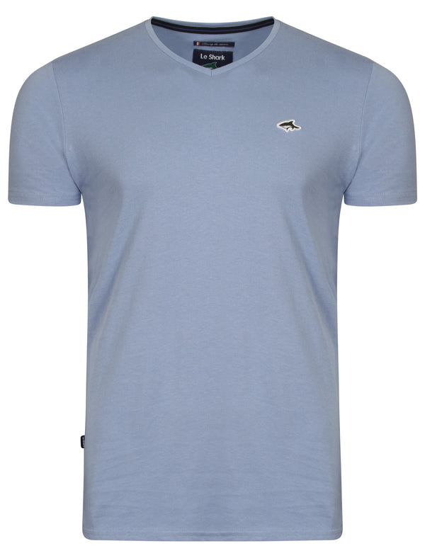 Glasshill Short Sleeve V Neck Cotton T-Shirt in Placid Blue - Le Shark