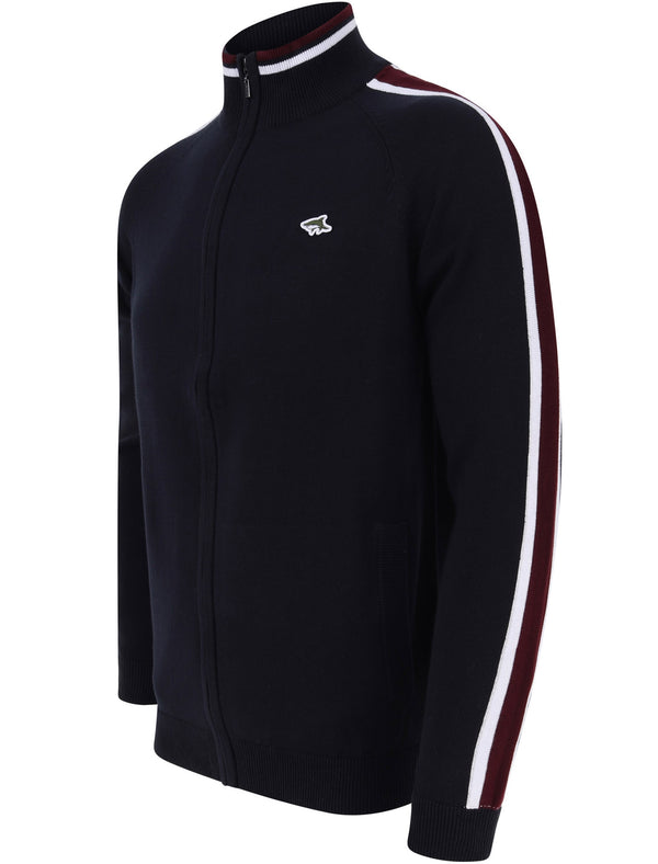 Hemmings Zip Up Funnel Neck Cardigan with Stripes in Sky Captain Navy - Le Shark
