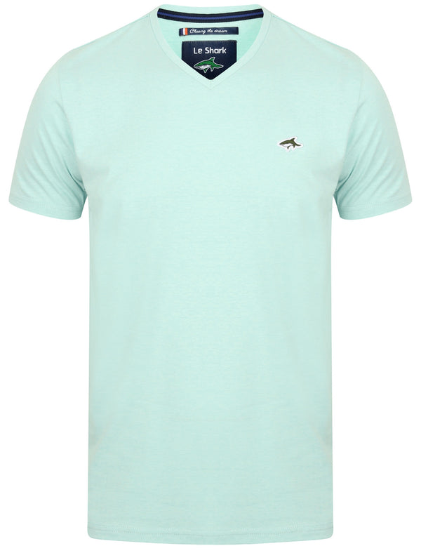 Kensal V Neck Cotton Jersey T-Shirt in Pastel Turquoise Marl - Le Shark
