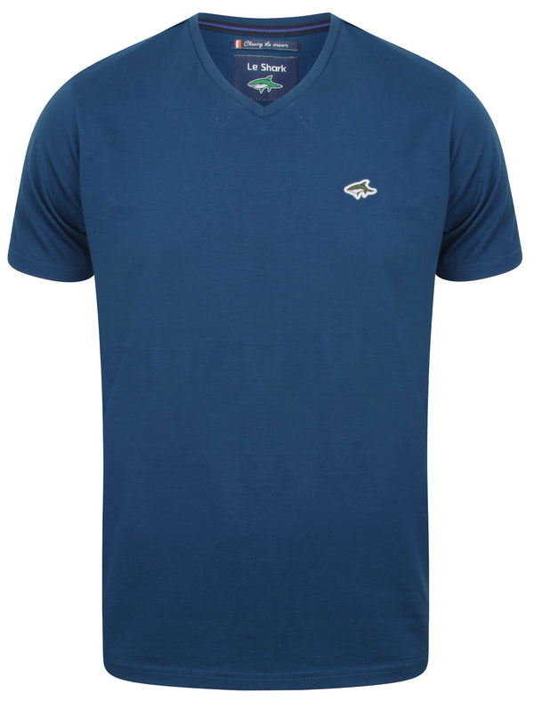 Kensal V Neck Cotton Jersey T-Shirt in Teal Blue - Le Shark