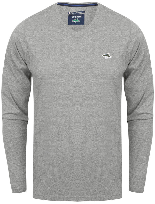 Lanark 2 V Neck Long Sleeve Top in Light Grey Marl - Le Shark
