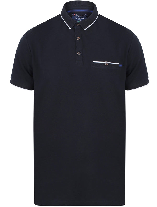 Lanyard Cotton Pique Polo Shirt with Pocket In True Navy - Le Shark