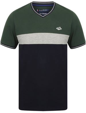 Maddams Colour Block V Neck Cotton T-Shirt In Green - Le Shark