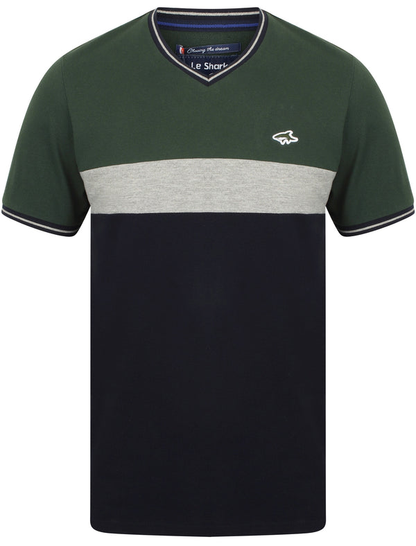 Maddams Colour Block V Neck Cotton T-Shirt In Green - Le Shark