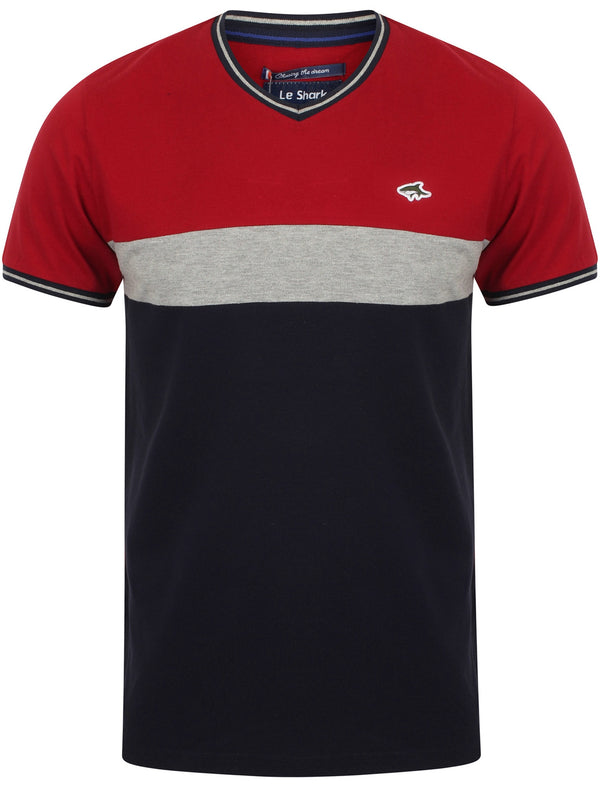Maddams Colour Block V Neck Cotton T-Shirt In Red - Le Shark