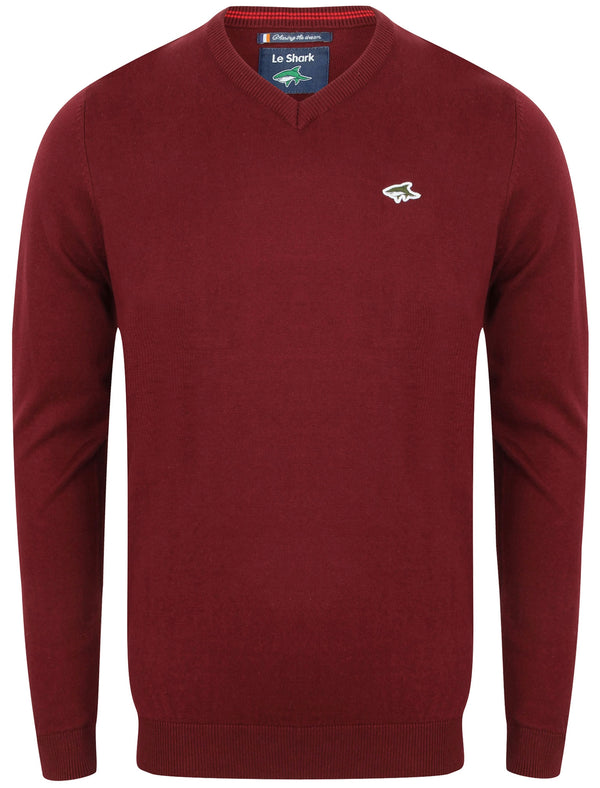 Skua Cotton Knit V Neck Jumper In Deep Red - Le Shark