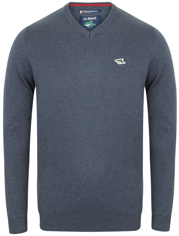 Skua Cotton Knit V Neck Jumper In Washed Denim Marl - Le Shark