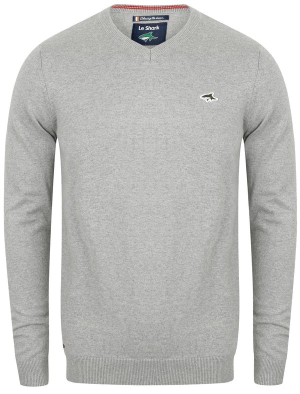 Skua Cotton Knit V Neck Jumper In Light Silver Marl - Le Shark
