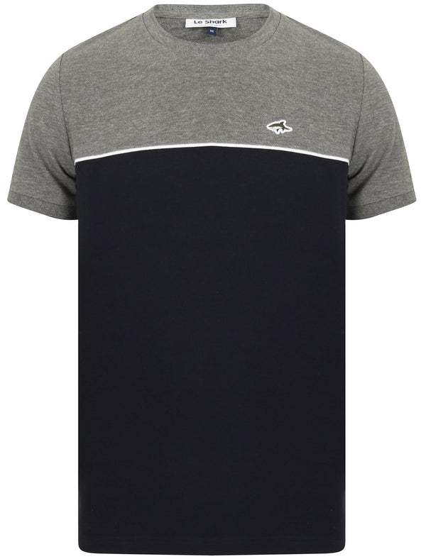 Temple Colour Block Cotton Pique T-Shirt In Mid Grey Marl - Le Shark