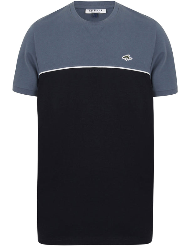 Temple Colour Block Cotton Pique T-Shirt In Vintage Indigo - Le Shark