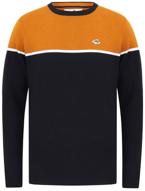 Trott Textured Colour Block Cotton Knitted Jumper In Sky Captain Navy - Le Shark