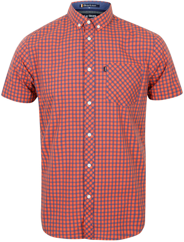Varden Gingham Cotton Short Sleeve Shirt In Coral - Le Shark