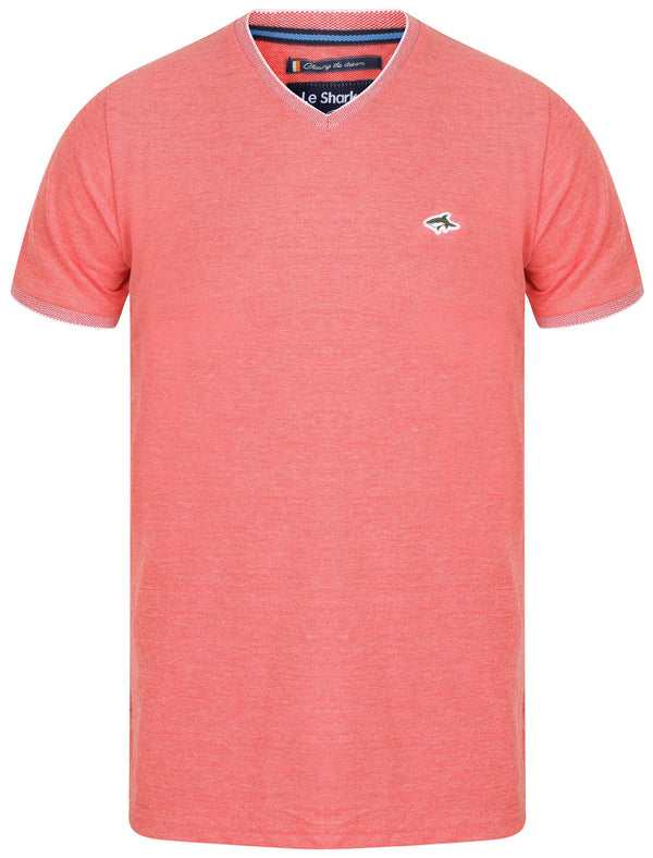 Kilner Cotton Pique V Neck T-Shirt In Coral - Le Shark