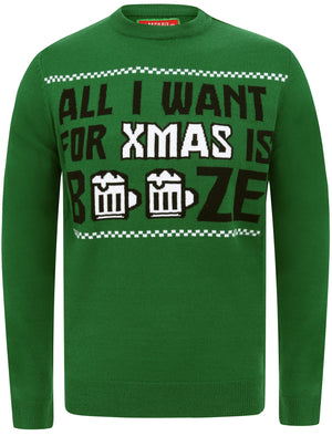 All I Want Booze Motif  Novelty Christmas Jumper in Green - Merry Christmas