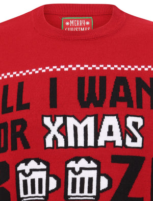 All I Want Booze Motif  Novelty Christmas Jumper in George Red - Merry Christmas
