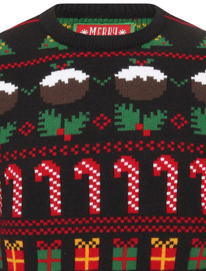 Candy Pudding Wallpaper Print Novelty Christmas Jumper in Black - Merry Christmas