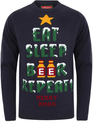 Eat Sleep Beer Repeat Motif Novelty Christmas Jumper in Eclipse Blue - Merry Christmas