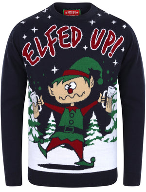 Elfed Up Novelty Christmas Jumper in Eclipse Blue - Merry Christmas