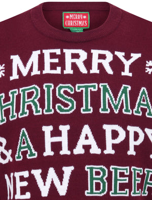 Happy New Beer Novelty Christmas Jumper in Oxblood - Merry Christmas