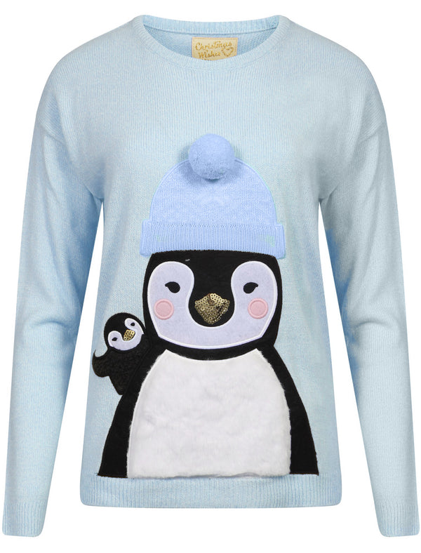 Penguin + Hat Knitted Christmas Jumper in Sky Blue - Merry Christmas