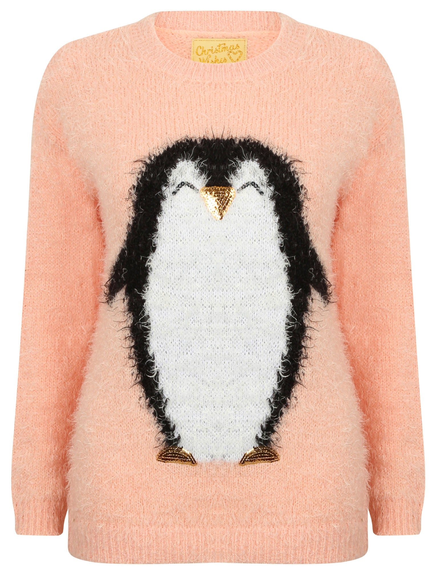 Penguin Sequin Novelty Christmas Jumper In Pink Merry Christmas