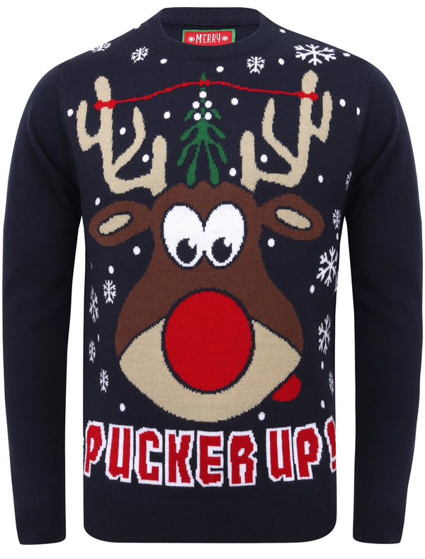 Pucker Up Novelty Christmas Jumper in Eclipse Blue - Merry Christmas