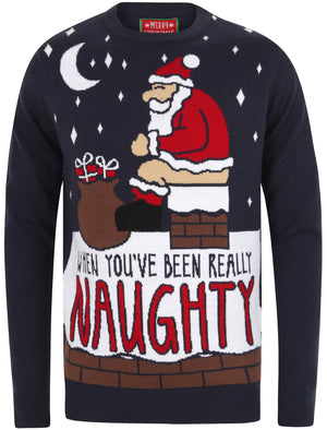 Really Naughty Motif Novelty Christmas Jumper in Eclipse Blue - Merry Christmas