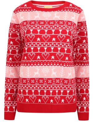 Women's Reindeer Fairisle Novelty Christmas Jumper In Red / Candy Pink / White