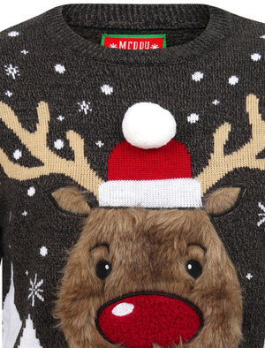 Rudolph Jumper Novelty Christmas Jumper with Faux Fur Applique in Castlerock Twist - Merry Christmas