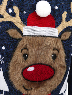 Rudolph Jumper Novelty Christmas Jumper with Faux Fur Applique in Sapphire Twist - Merry Christmas