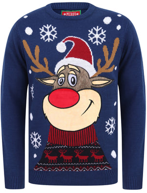 Rudolph the Reindeer Motif LED Light Up Novelty Christmas Jumper in Sapphire - Merry Christmas