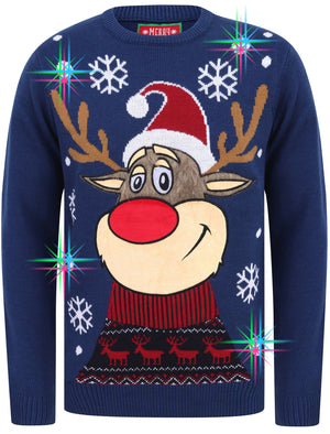 Rudolph the Reindeer Motif LED Light Up Novelty Christmas Jumper in Sapphire - Merry Christmas