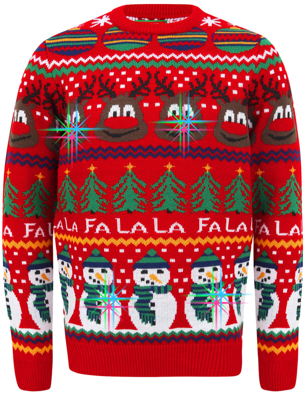 Rudolph Wallpaper Print LED Light Up Novelty Christmas Jumper in George Red - Merry Christmas