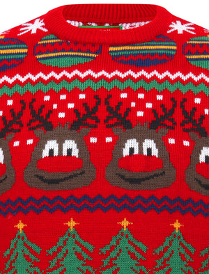 Rudolph Wallpaper Print LED Light Up Novelty Christmas Jumper in George Red - Merry Christmas
