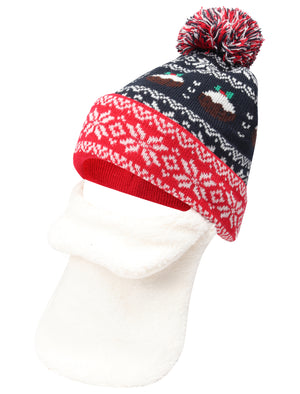 Novelty Fairisle Santa Beard Beanie Hat with Pom Pom in Navy - Merry Christmas