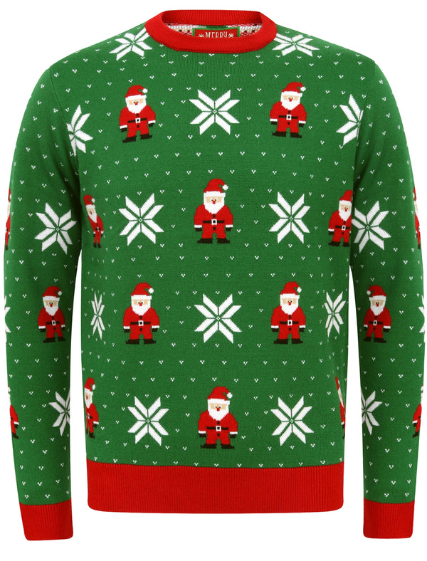 Santa Fairisle Wallpaper Print Novelty Christmas Jumper in Green - Merry Christmas