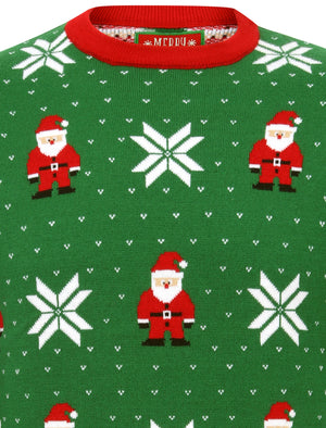 Santa Fairisle Wallpaper Print Novelty Christmas Jumper in Green - Merry Christmas