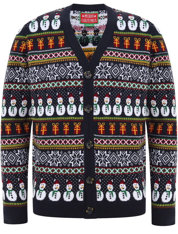 Snowman Cardi Wallpaper Print Novelty Christmas Cardigan in Ink- Merry Christmas