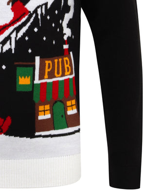 To The Pub Motif Novelty Christmas Jumper in Black - Merry Christmas