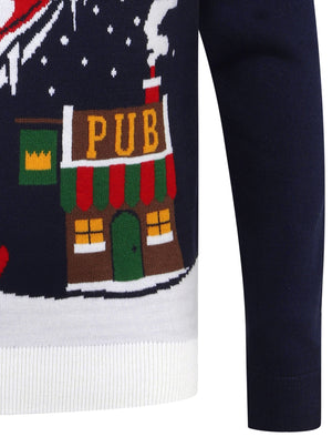 To The Pub Motif Novelty Christmas Jumper in Eclipse Blue - Merry Christmas