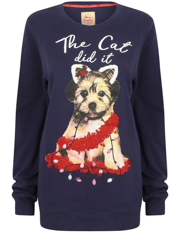 Women's Xmas Catty Motif Novelty Christmas Sweatshirt In Patriot Blue