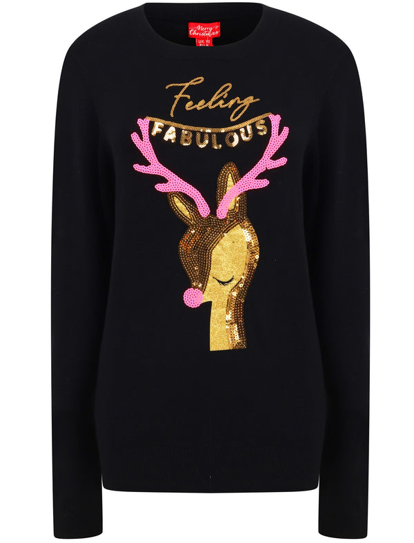 Women’s Xmas Fab Rudolph Sequin Motif Novelty Christmas Jumper in Black Onyx
