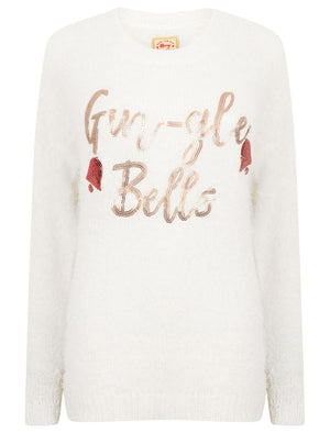 Women's Xmas Gin-gle Bells Sequin Novelty Fluffy Christmas Jumper In Ivory