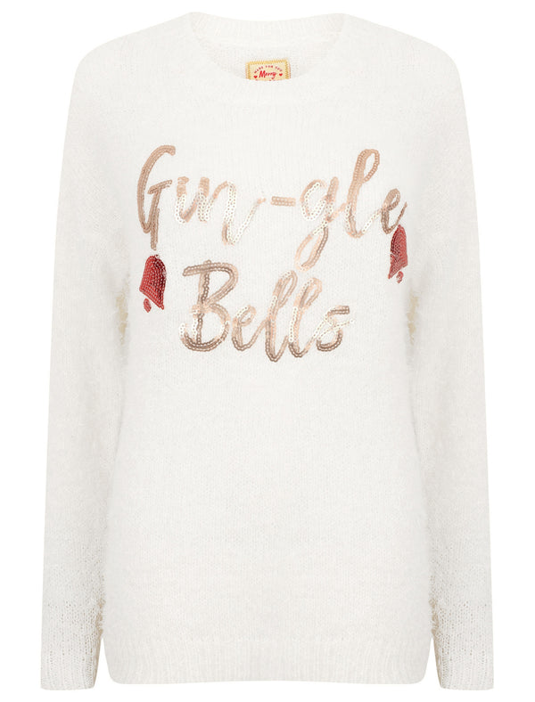 Women's Xmas Gin-gle Bells Sequin Novelty Fluffy Christmas Jumper In Ivory