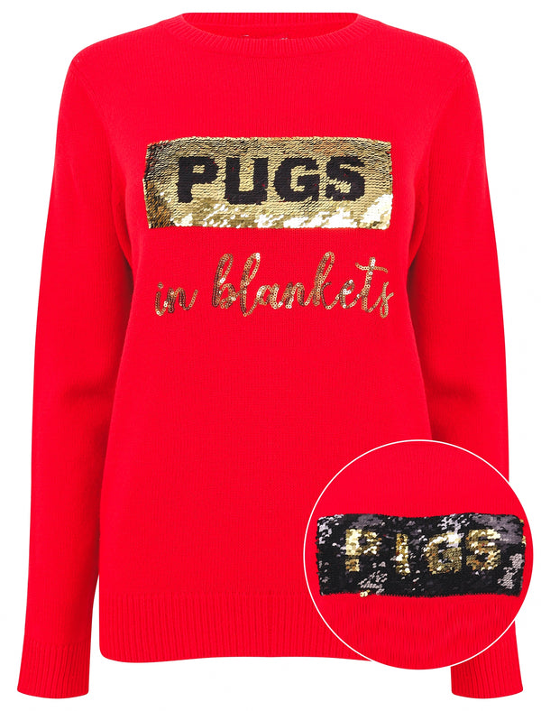 Women's Xmas PiggiePug 2 in 1 Reversible Sequin Christmas Jumper In High Risk Red