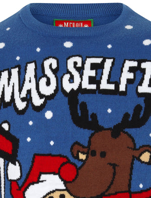Xmas Selfie Motif Novelty Christmas Jumper in Olympian Blue - Merry Christmas