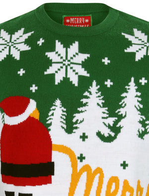 Xmas Snow Motif Novelty Christmas Jumper in Green - Merry Christmas