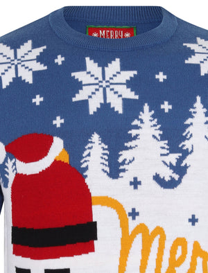 Xmas Snow Motif Novelty Christmas Jumper in Olympian Blue - Merry Christmas