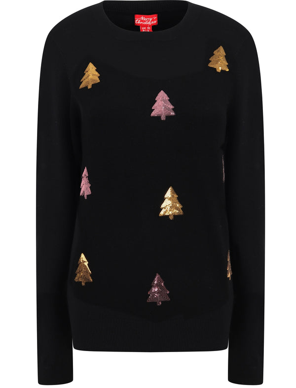 Women’s Xmas Tree Sequin Motif Novelty Christmas Jumper in Black